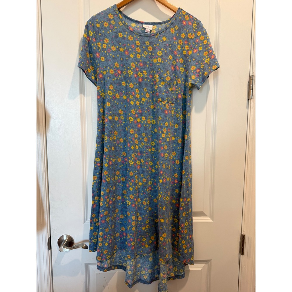 LuLaRoe Carly Dress Womens Medium Blue Yellow Pink Floral High Low Pocket Dress
